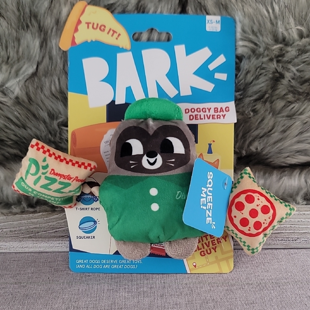 Bark Green Raccoon and Pizza Dog Toy Set
